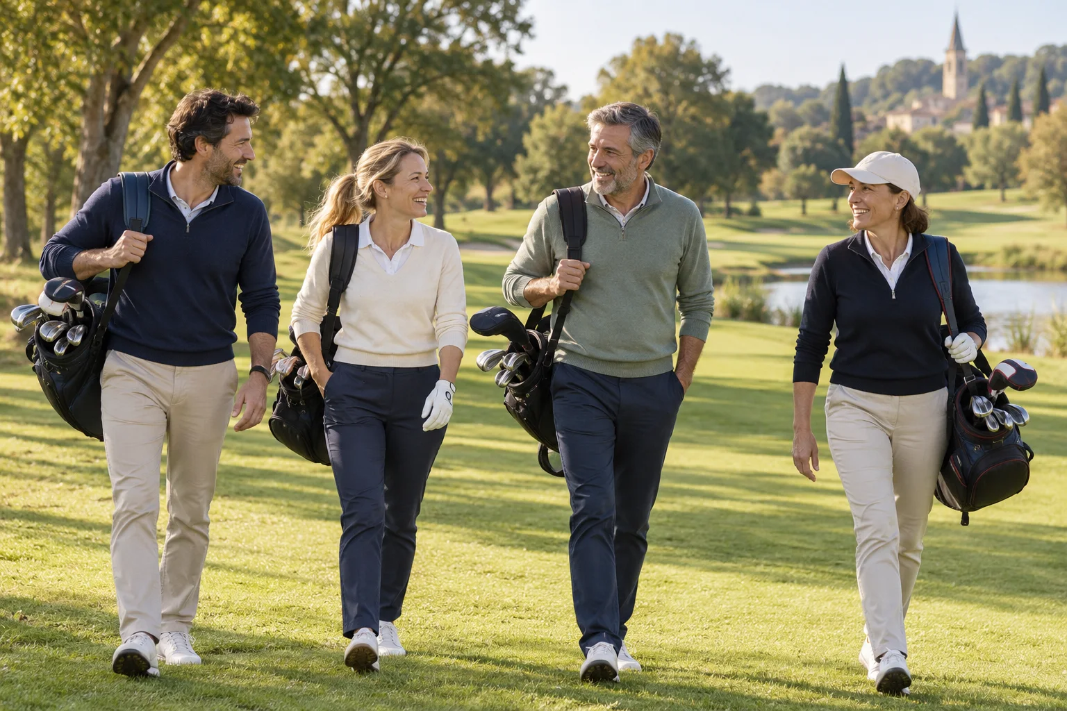 Illustration de quatre golfeurs partageant une promenade sur le parcours
