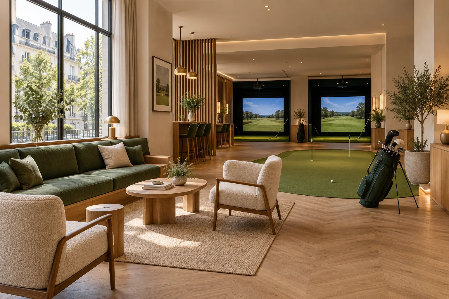 Illustration d’un club-house urbain accueillant, avec deux simulateurs de golf