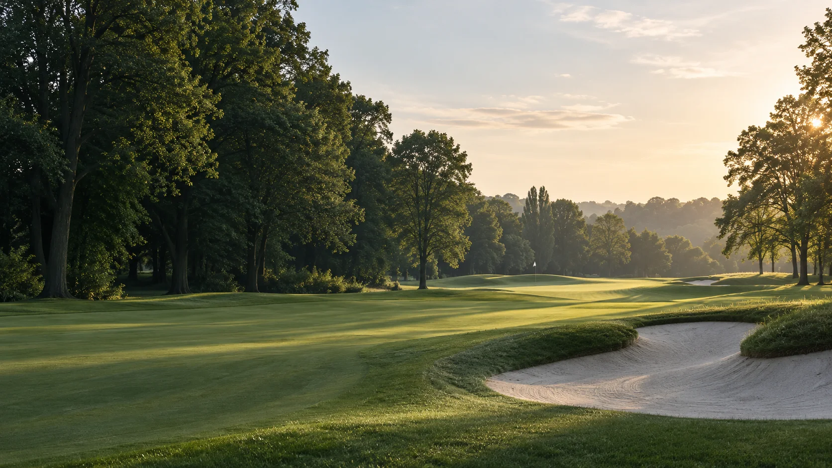Illustration d’un parcours de golf arboré dans la lumière du matin